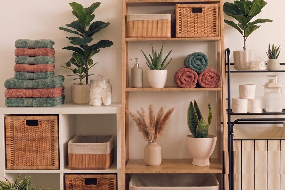 Prateleira de bambu organizada com cestos, dispenser, toalhas em verde-musgo e terracota e plantas