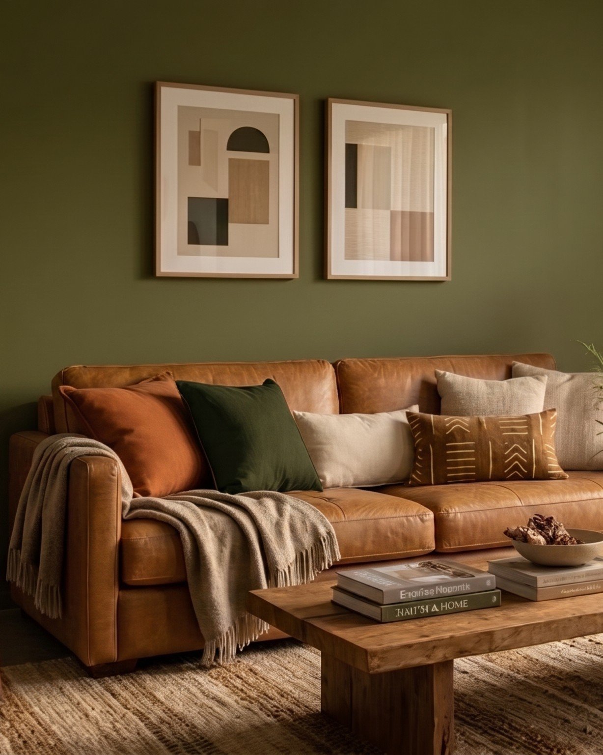 Sala de estar aconchegante com sofá de couro caramelo, almofadas em terracota e verde-musgo, parede verde-oliva e tapete natural, parte da curadoria Casa Dhara